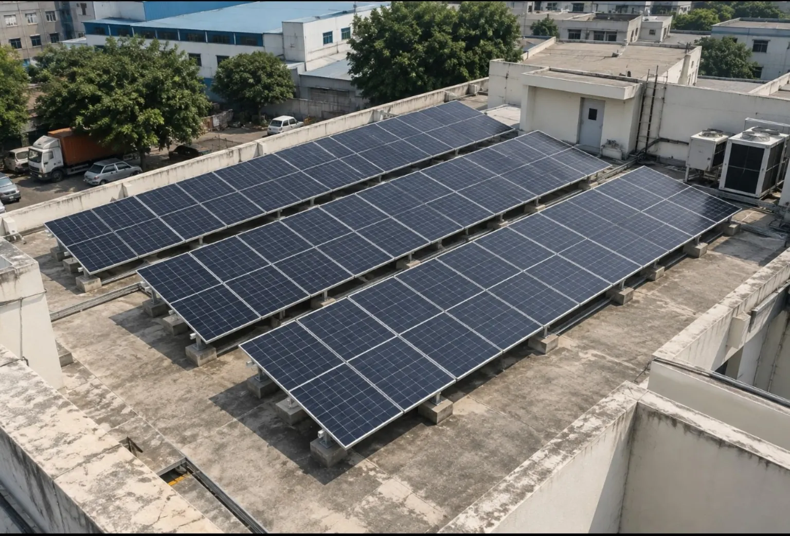 Solar panel installation on a commercial building roof