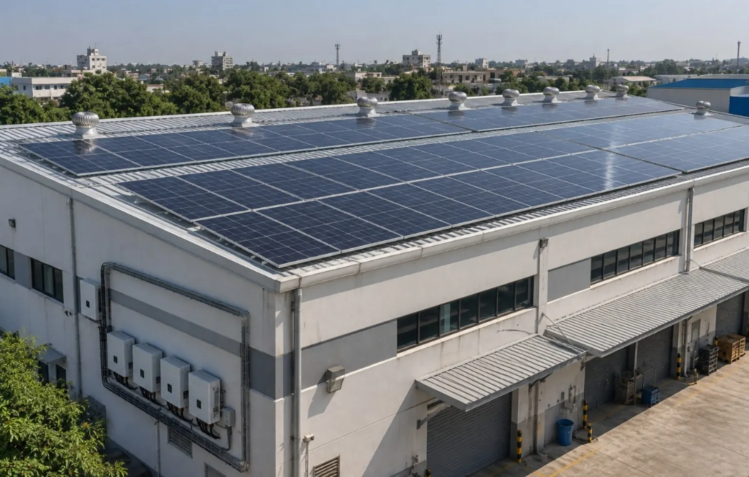 Large rooftop solar panel installation on a commercial industrial building
