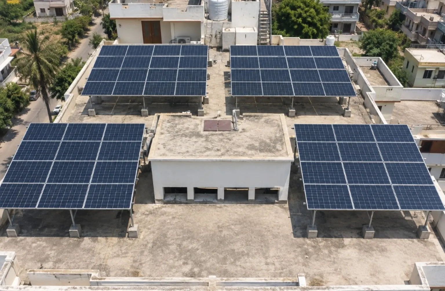 Aerial overview of a rooftop solar panel array